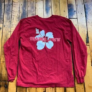 Trader Joes Size Large Long Sleeve Shirt Red Crew Hibiscus Flower Organic Cotton